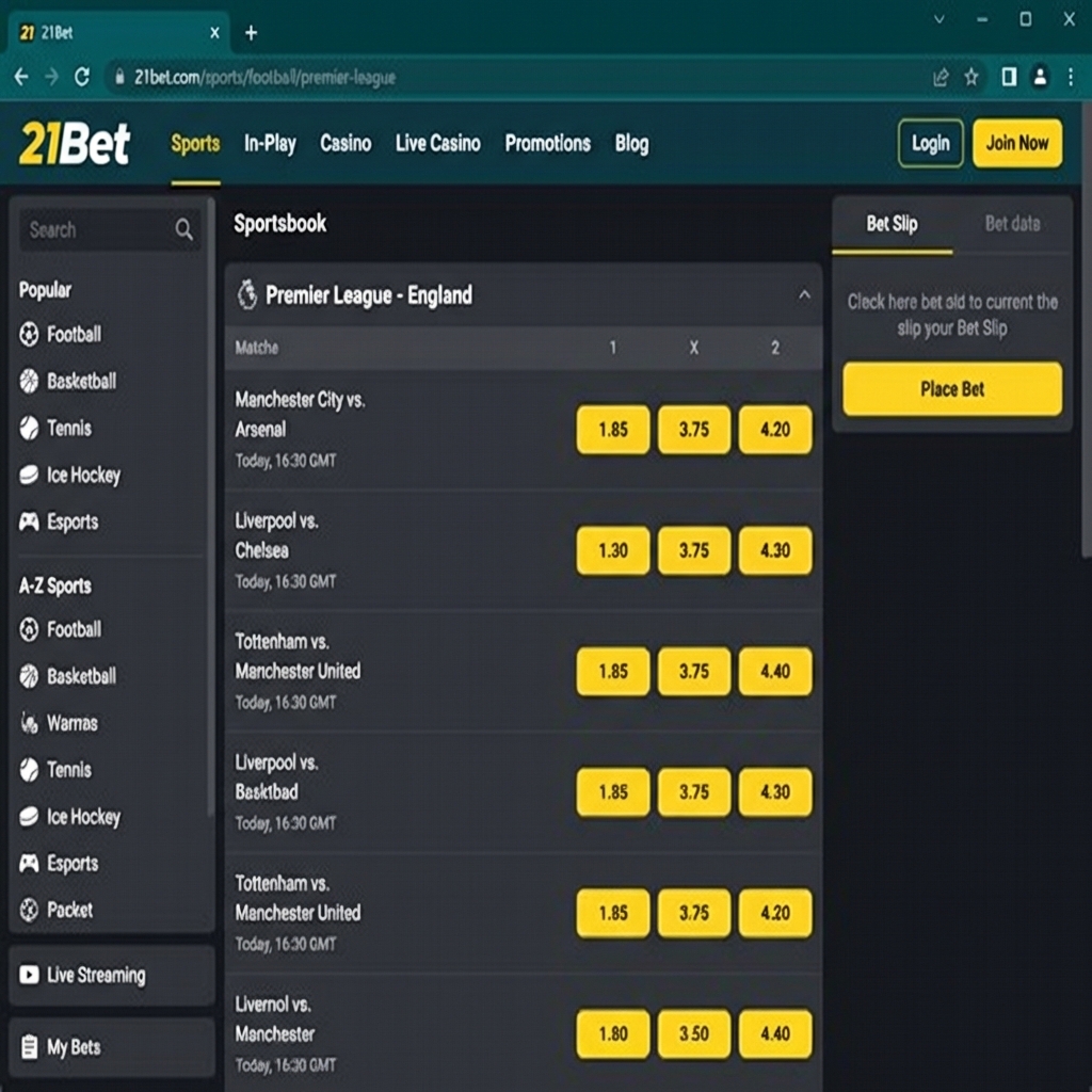 21Bet sportsbook desktop interface showing football betting markets