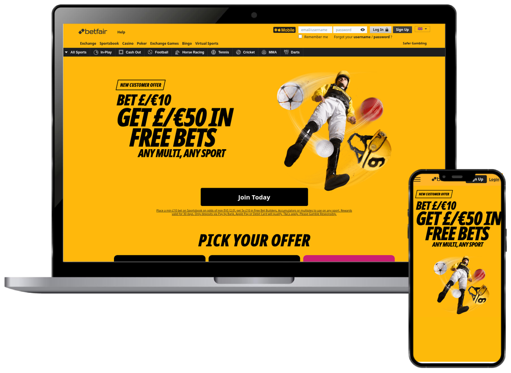 Betfair homepage shown on desktop and mobile screens
