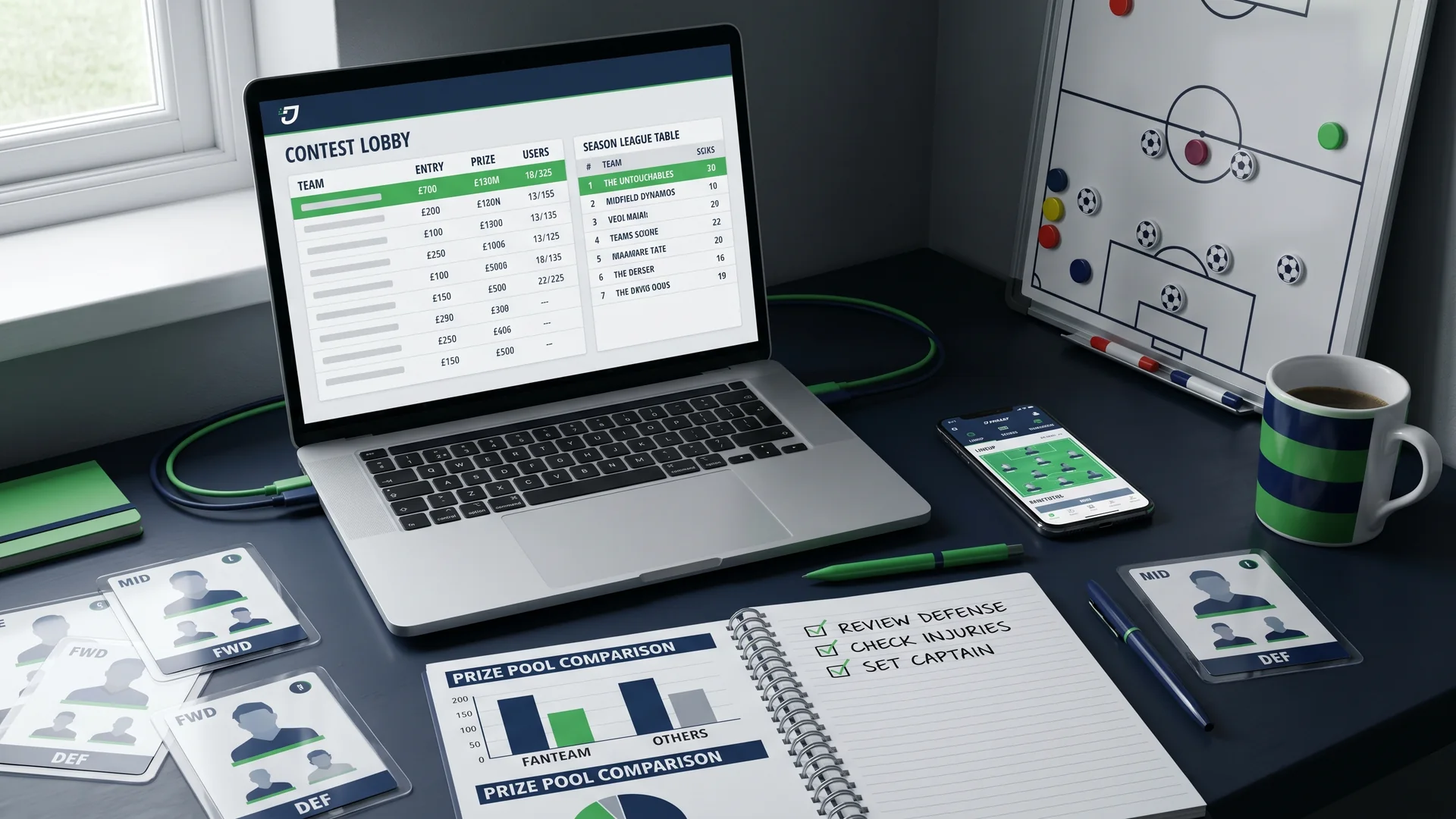 FanTeam fantasy football review workspace with lineup and contest screens