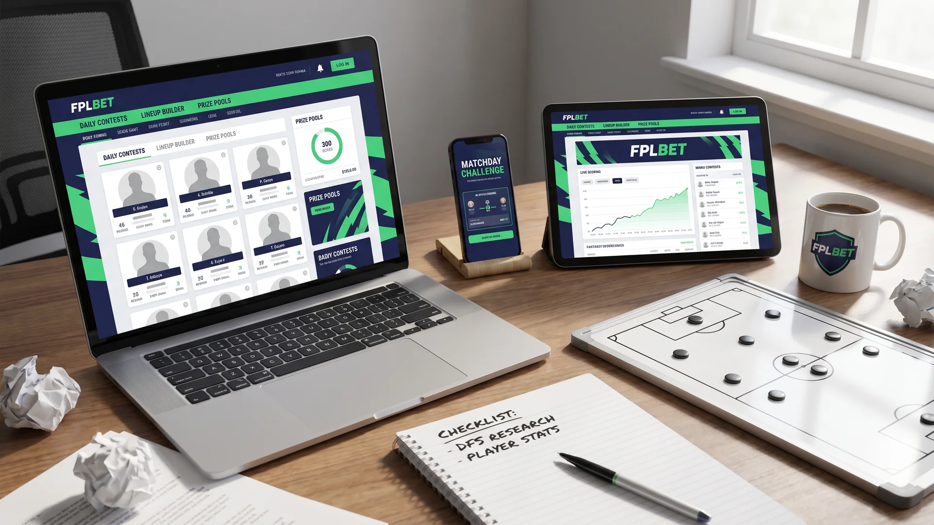 Daily fantasy football games comparison desk with apps and contest cards